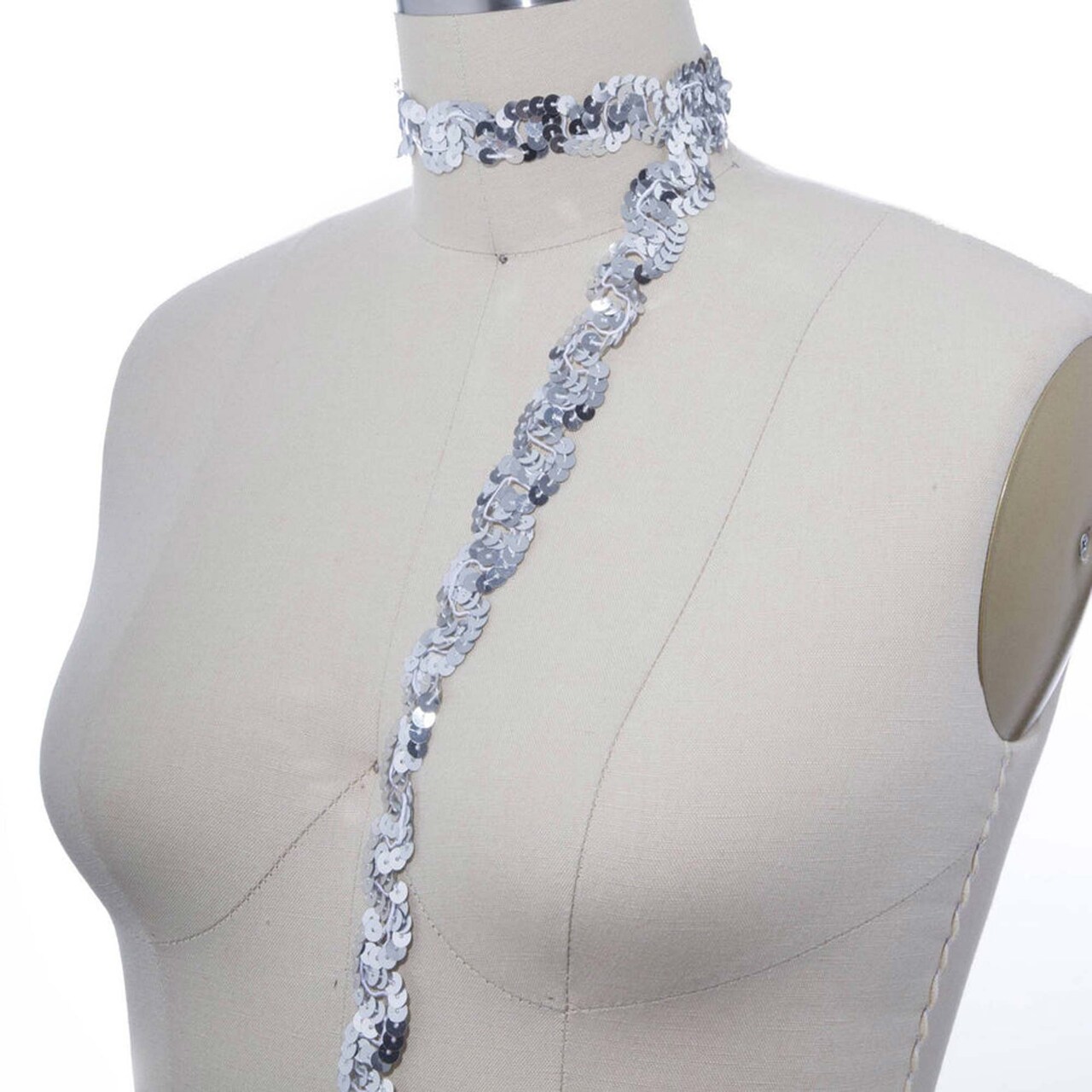 2 Yards Non-Stretch Silver Sequin Trim Snaked & Intertwined Ribbon Design 1" Wide